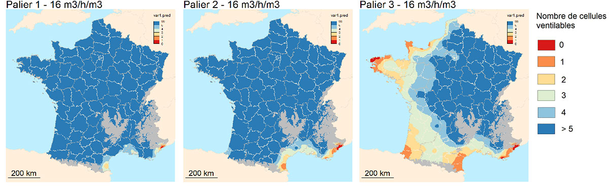 Nombres de cellules ventilables successivement pour 3 paliers de refroidissement, pour un débit spécifique de 16 m3/h/m3