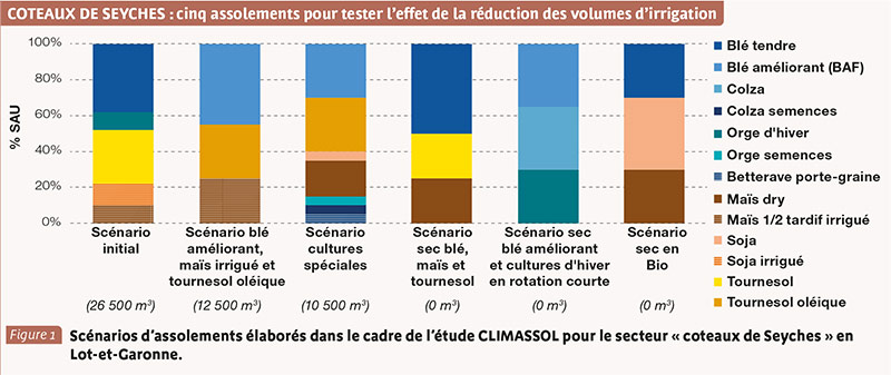 Scénarios d’assolements élaborés dans le cadre de l’étude CLIMASSOL pour le secteur « coteaux de Seyches » en Lot-et-Garonne.