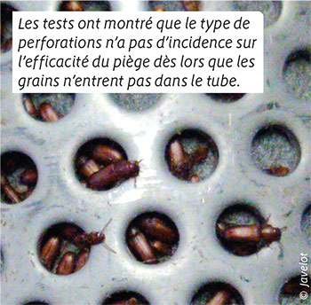 Les tests ont montré que le type de perforations n’a pas d’incidence sur l’efficacité du piège dès lors que les grains n’entrent pas dans le tube.