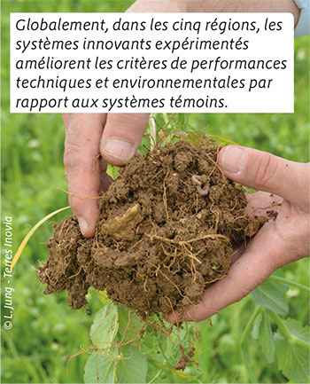 Globalement, dans les cinq régions, les systèmes innovants expérimentés améliorent les critères de performances techniques et environnementales par rapport aux systèmes témoins.