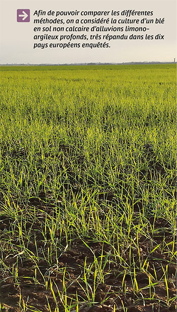 Afin de pouvoir comparer les différentes méthodes, on a considéré la culture d’un blé en sol non calcaire d’alluvions limono-argileux profonds, très répandu dans les dix pays européens enquêtés.