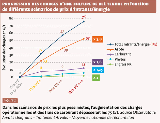 progression des charges d’une culture de blé tendre en fonction de différents scénarios de prix d’intrants/énergie 