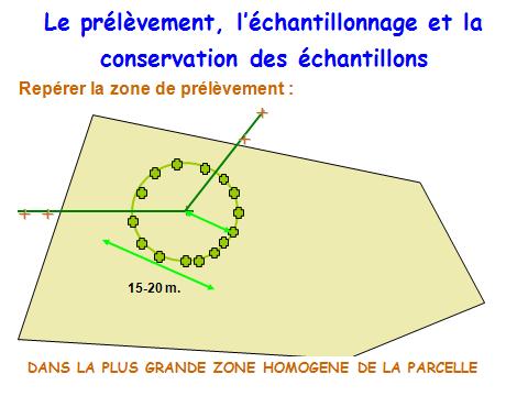 Methode de prelevement des reliquats azotes. Prelever dans un cercle de 15 m de diametre 14 echantillons de terre