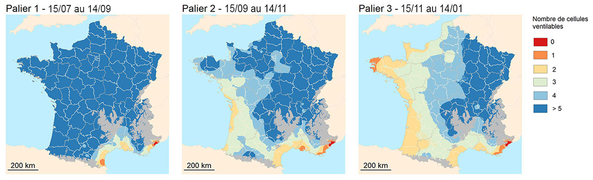 Nombres de cellules ventilables successivement pour 3 paliers de refroidissement, pour un débit spécifique de 12 m3/h/m3