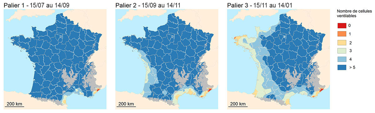 Nombres de cellules ventilables successivement pour 3 paliers de refroidissement, pour un débit spécifique de 16 m3/h/m3