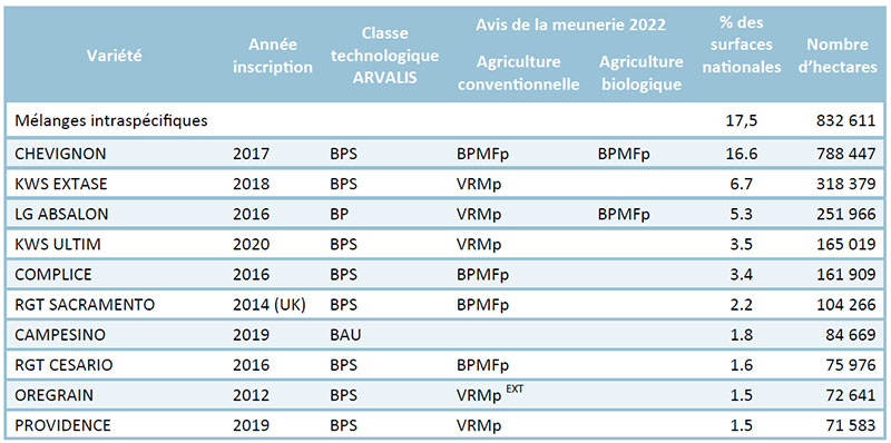 Classement des 10 variétés de blé tendre les plus cultivées – récolte 2022