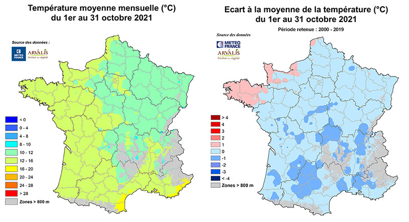 Octobre 2021 : des températures moyennes inférieures de 0,7°C à la normale