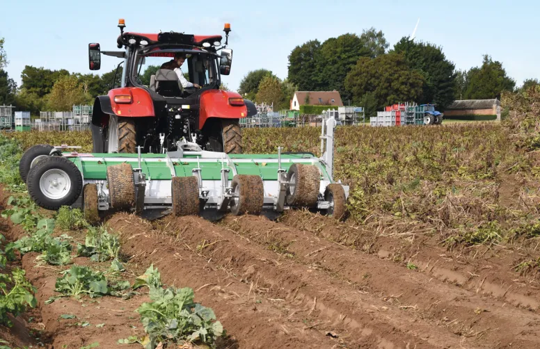 Le Double rotor 4 x 90 d’Agronomic Comme son nom l’indique, il est doté d’un double rotor à 3 rangées de fléaux : l’un pour les fonds de buttes, l’autre pour les dessus de buttes.