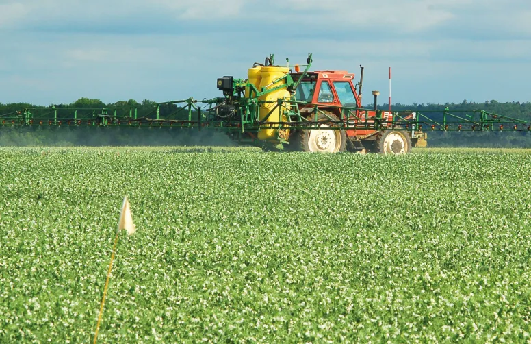 Pulvérisateur dans une parcelle de jeunes légumineuses. Ne pas se précipiter pour intervenir sur les pucerons avant d’avoir apprécié le risque d’une évolution défavorable.