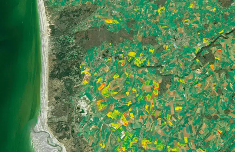 Image satellite de parcelles agricoles fournie par Airbus et traitée par Airbus-Farmstar.
