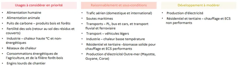 Tableau 1 : Classement des usages de biomasse selon leur priorité, par le SGPE