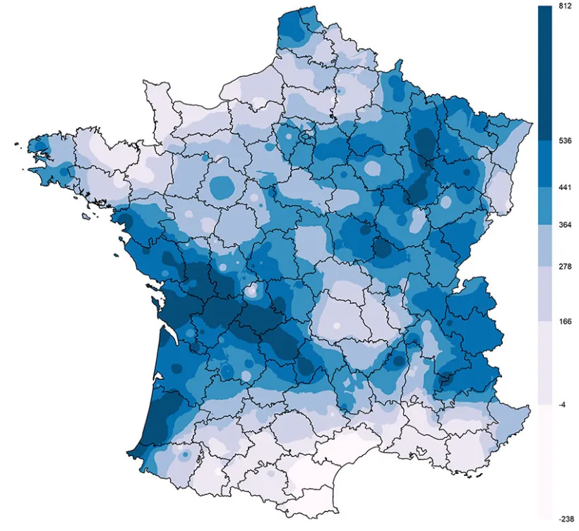 Carte 2 : Ecart en mm du cumul des pluies par rapport à la moyenne 2003-2022 sur la période du 18 octobre au 15 octobre suivant