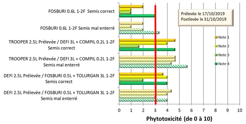 Figure 2 : Comparaison des phytotoxicités observées à 4 dates de notation, pour 3 modalités herbicides en fonction du type de semis (correct ou mal enterré) - Essai orge d’hiver de Chouday (36) 2019-2020
