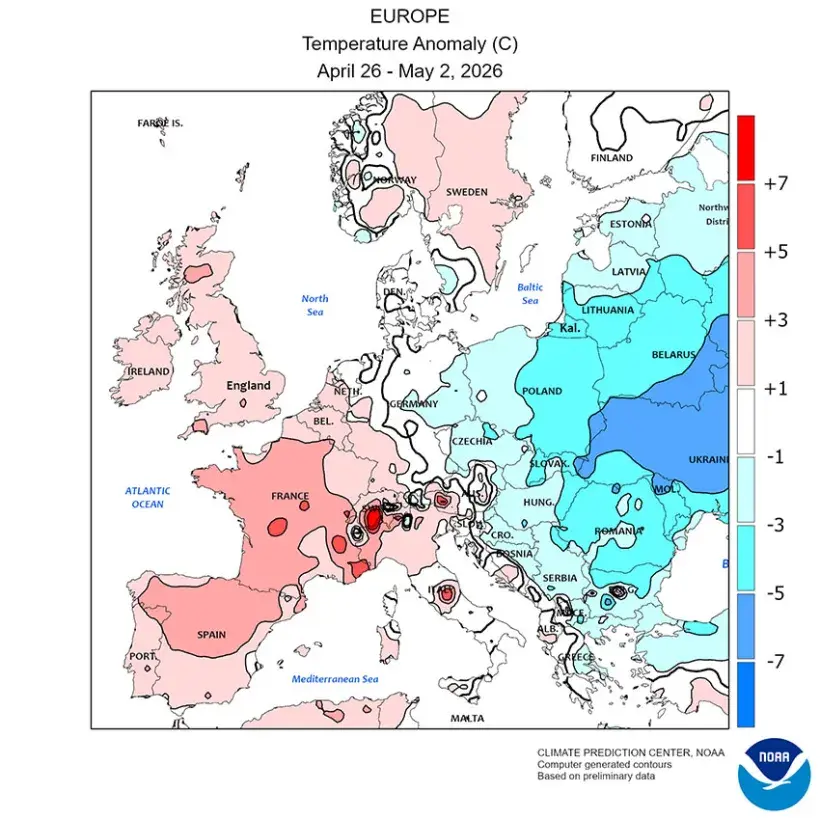 Carte 2 : Ecart à la normale de températures observé en Europe pendant la semaine 26 avril au 2 mai 2026