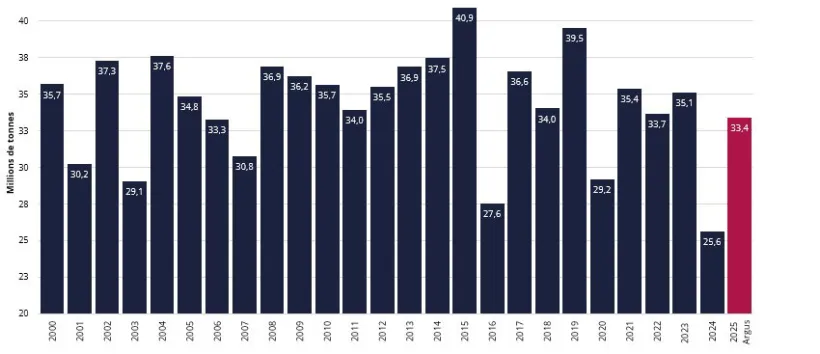 Figure 1 : Production française de blé tendre de 2000 à 2024 et estimation 2025 par Argus Media, en millions de tonnes