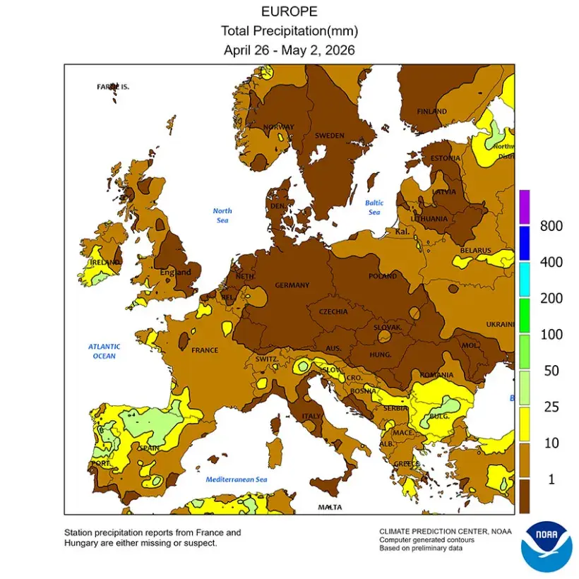 Carte 1 : Cumul de pluies observé en Europe pour la semaine du 26 avril au 2 mai 2026