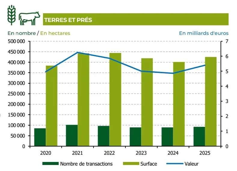 Figure 1 : Nombre de transactions, surfaces (en hectares) et valeur (en milliards d’euros) du marché des terres et prés de 2020 à 2025
