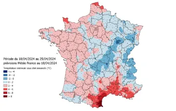 Carte 1 : Température minimale sous abri annoncée (en °C) pour la période du 18 au 25 avril 2024