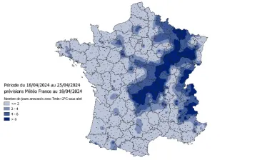 Carte 2 : Nombre de jours annoncés avec des minimales sous abri inférieures à 2°C pour la période du 18 au 25 avril 2024