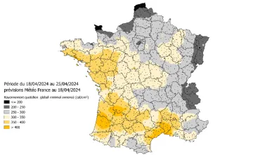 Carte 3 : Rayonnement quotidien global minimal annoncé (en cal/cm²) pour la période du 18 au 25 avril 2024