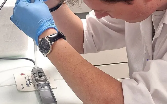 Un ingénier introduit une solution contenant des souches de septoriose dans le séquenceur MinION