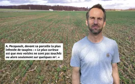A. Pecqueult, devant sa parcelle la plus infestée de taupins : « Le plus curieux est que mes voisins ne sont pas touchés ou alors seulement sur quelques m². »
