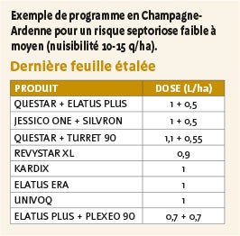 Exemple de programme en Champagne-Ardenne pour un risque septoriose faible à moyen (nuisibilité 10-15 q/ha).