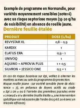 Exemple de programme en Normandie, pour variétés moyennement sensibles (note=6) avec un risque septoriose moyen (15-20 q/ha de nuisibilité) en absence de rouille jaune.