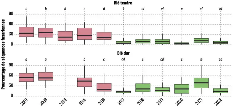 Évolution de la contamination en Fusarium sur blé tendre (en haut) et blé dur (en bas) entre 2007 et 2022