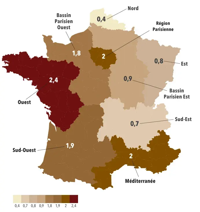 Carte indiquant le nombre de kilos de légumineuses consommées par habitant eet par an selon la région de France considérée : de k dans le Nord, à ,kg dans l'Ouest,
