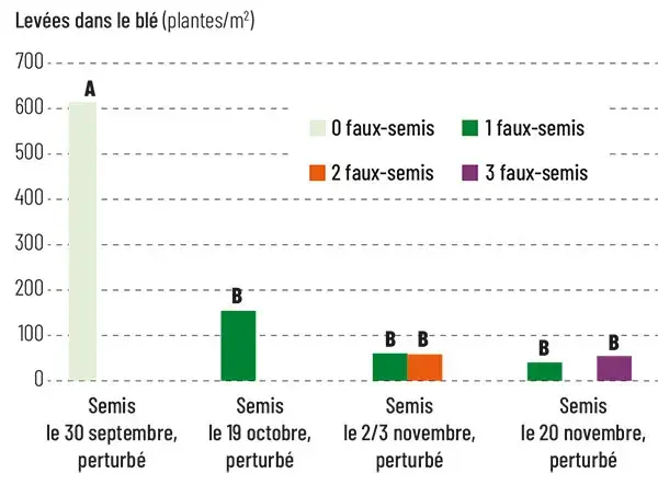 Levées de vulpin dans le blé en fonction de la date de semis de la culture et du nombre de faux semis qui précèdent