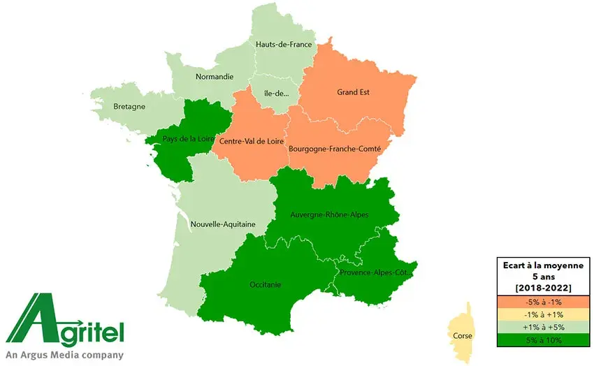 Comparaison à la moyenne quinquennale (2018-2022) du rendement du blé tendre estimé en 2023 par Agritel, par région, en France