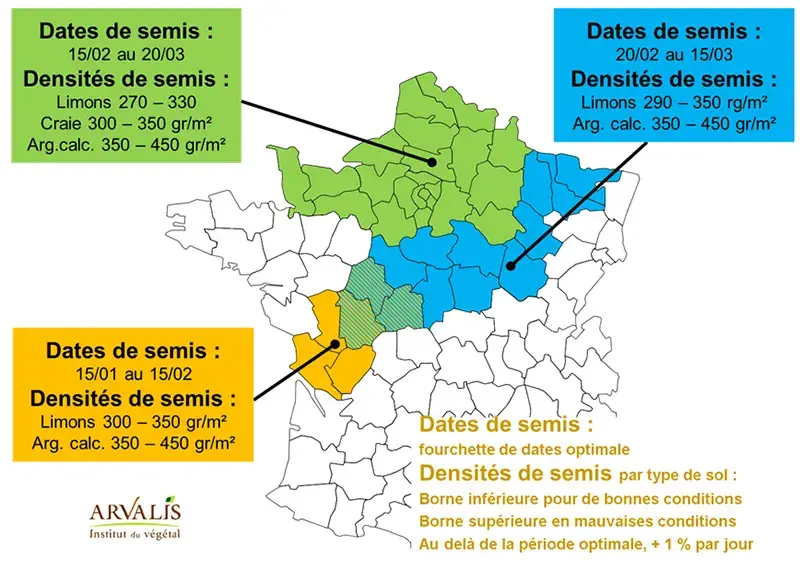 Plages recommandées de dates et de densités de semis des orges de printemps en France