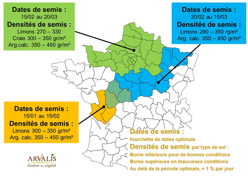 Plages recommandées de dates et de densités de semis des orges de printemps en France