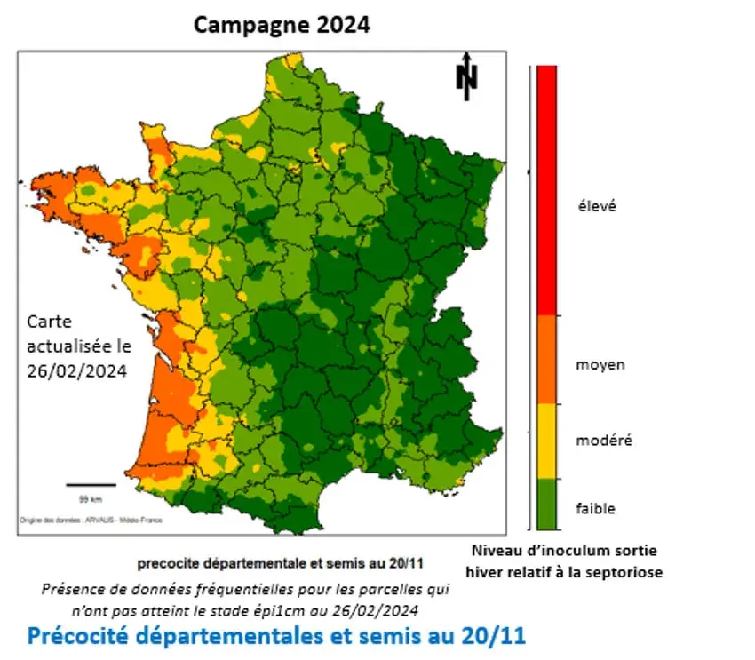 Inoculum de septoriose, calculé par le modèle Septo-LIS au stade épi 1 cm du blé tendre, pour des semis à dates classiques
